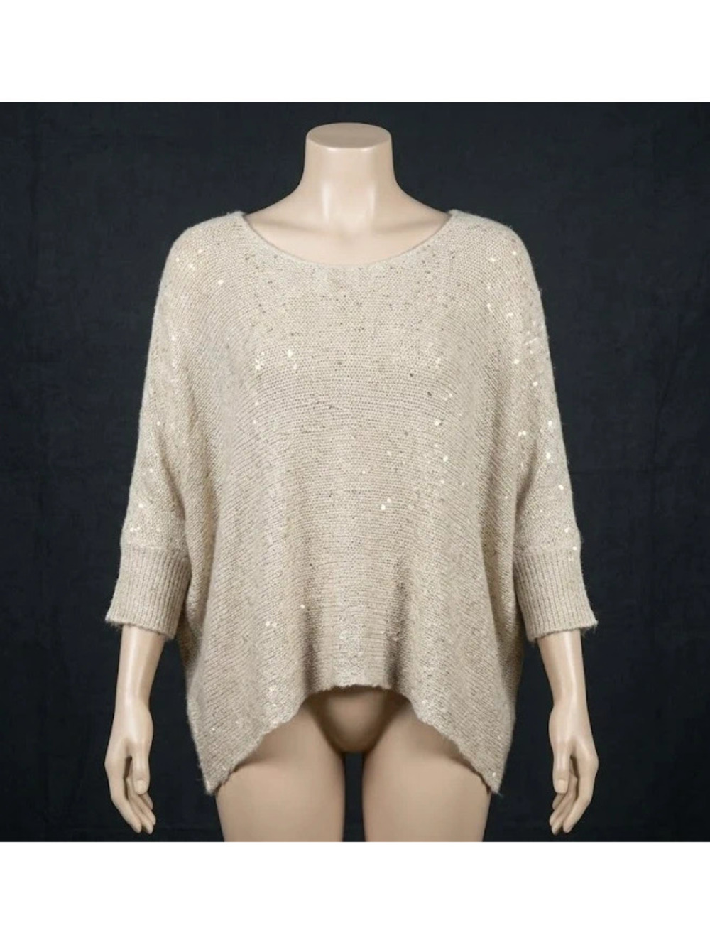 Elan Sequin Knit Batwing Glitter Poncho Sweater | Neutral Oatmeal Taupe